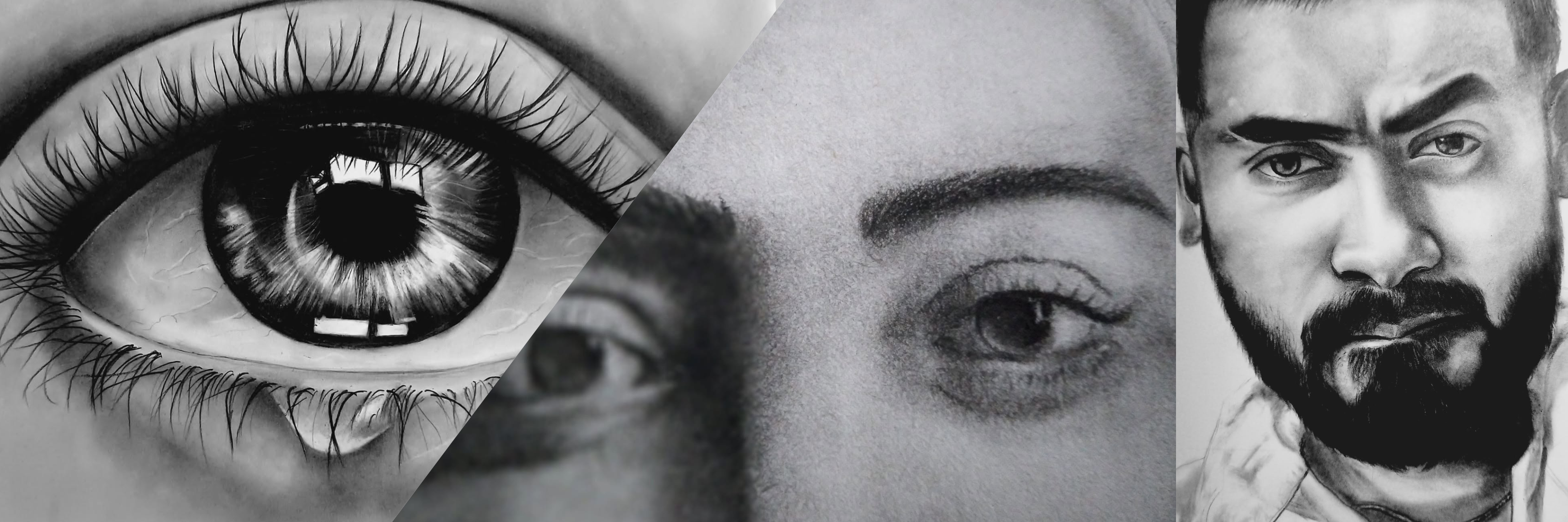 Pencil portrait collection — three artworks side by side